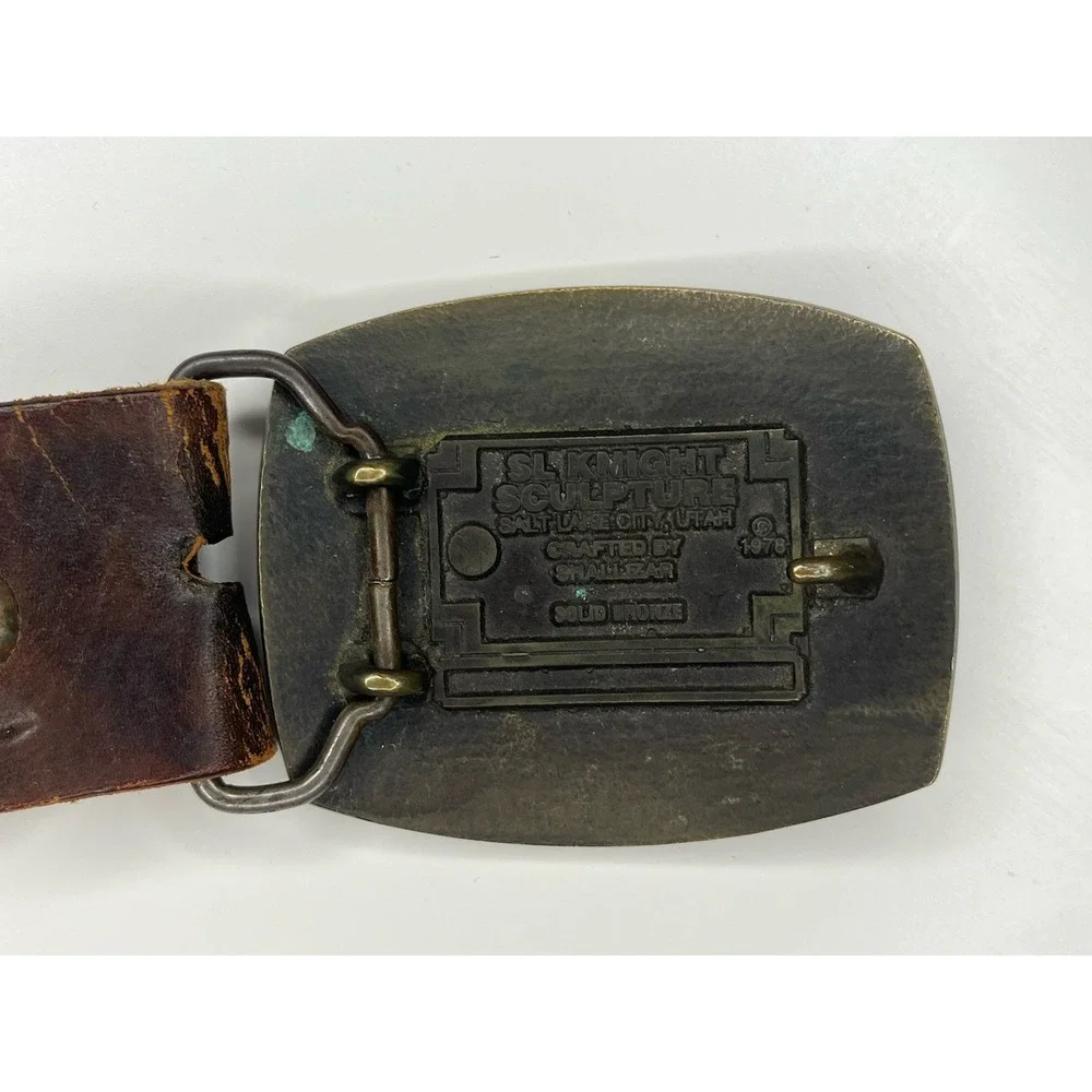 Steven L Knight Buckle Solid Bronze w/ Burned Leather Belt Turkey Bear Deer Hunt
